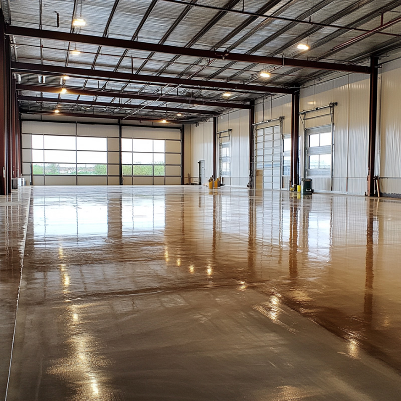 Wide-angle interior shot of a small warehouse in Tyler, Texas, featuring a freshly poured concrete floor that is still curing.