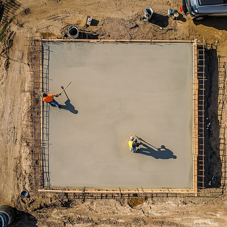 Aerial drone shot capturing two concrete contractors actively working on a large concrete foundation slab in Jacksonville, Texas.