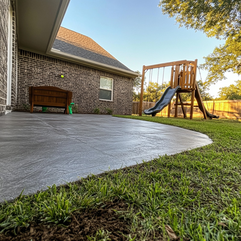 concrete patio in backyard of private residence with children's playset in tyler tx