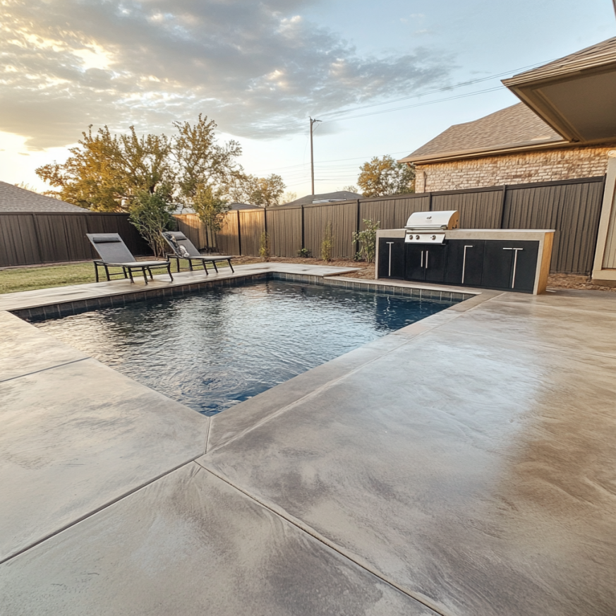 concrete patio surrounding a swimming pool in backyard of residence in suburban area of tyler tx