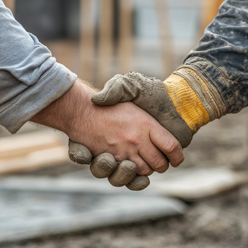 homeowner and construction worker close-up hands shaking at a jobsite in tyler tx