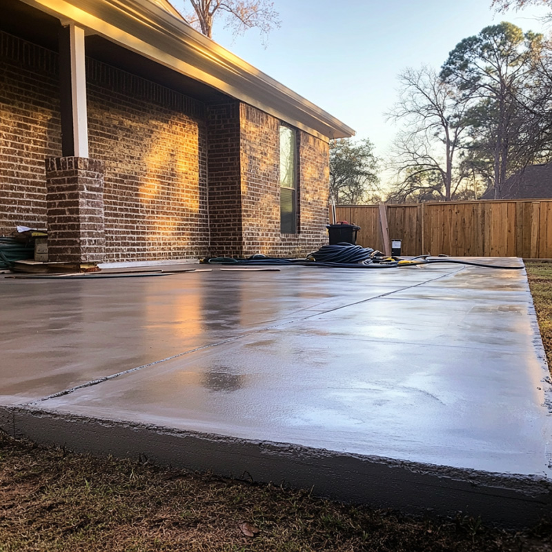 newly finished concrete patio in backyard of a residence in a suburban area of tyler tx