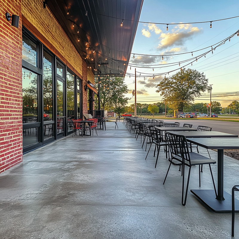 outdoor concrete patio at a restaurant in tyler tx