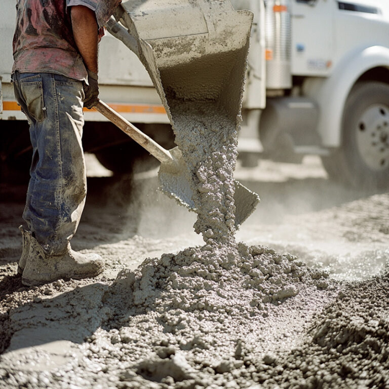 A concrete worker standing at the edge of a freshly dug form, guiding wet concrete flowing from the extended chute of a cement truck.