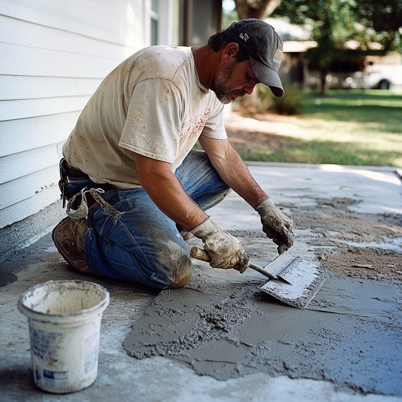 concrete-patio-repair-contractors-near-me concrete worker repairing a concrete patio at private residence in a suburban area of tyler tx